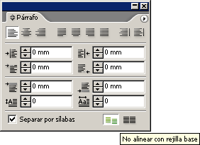 La paleta de párrafo en InDesign CS2.