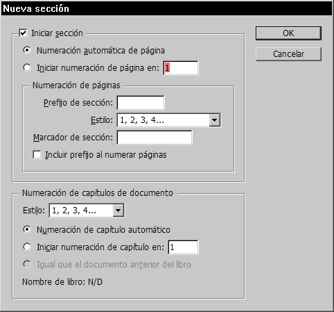 El cuadro de diálogo de la numeración automática en InDesign CS5.0.