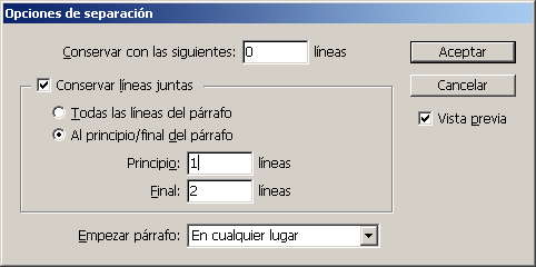 El menú de opciones de separación de Adobe InDesign.