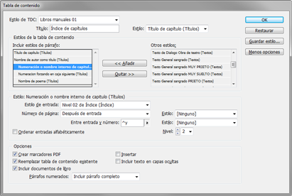 El cuadro de diálogo de creación de índice en Adobe InDesign.