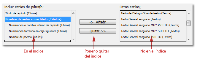 Incluir o excluir hojas de estilo para crear el índice en InDesign.