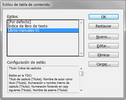 El menú Estilos de tablas de contenido de Adobe InDesign CS 5.5.