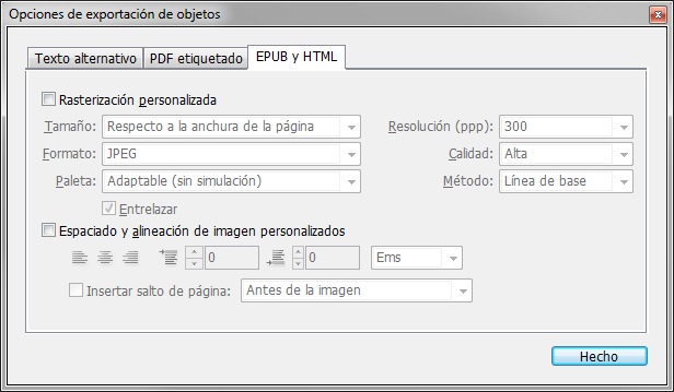 La paleta de modificación individual de opciones de exportación de objetos.