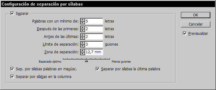 Las opciones de partición silábica en InDesign CS 5.0.