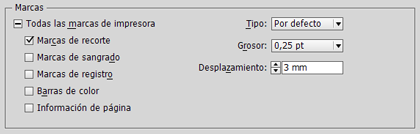 El cuadro de diálogo de marcas de imprenta en un PDF de InDesign.