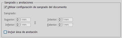 El cuadro de diálogo de especificación de sangre en un PDF de InDesign.