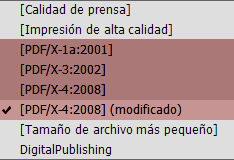 Las opciones prefijadas disponibles para crear un PDF de InDesign para imprenta.