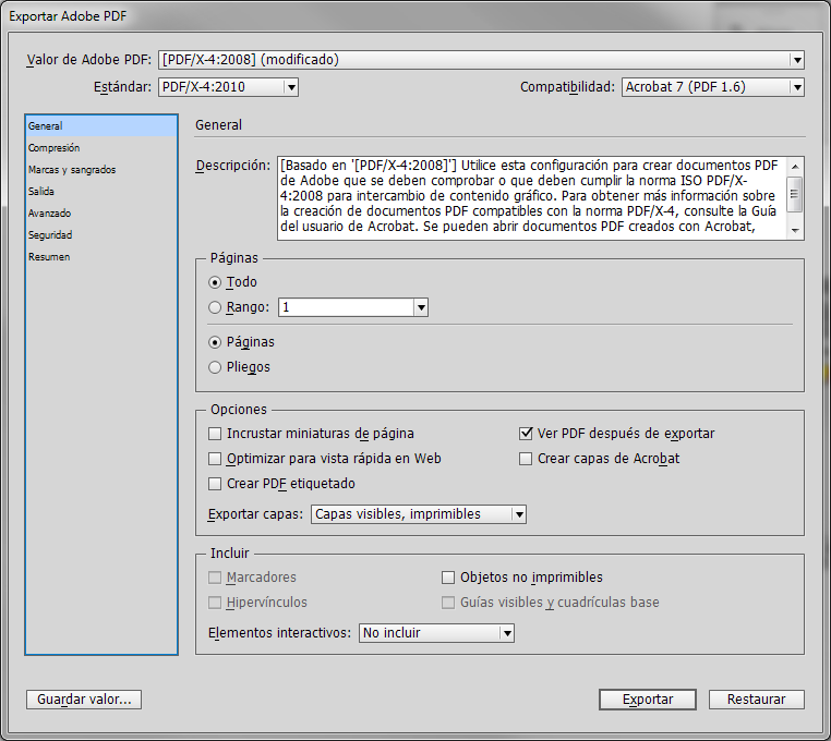 El cuadro de diálogo de exportación de un PDF para imprimir de InDesign.