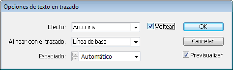 Las opciones de texto en trazado de Illustrator CS4.