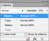 La paleta de Efectos en Adobe InDesign.