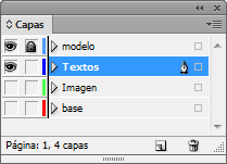 Las paleta de capas con las capas necesarias para trabajar comodamente en InDesign.