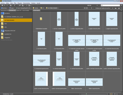 Un lote de recortes de InDesign en Bridge.