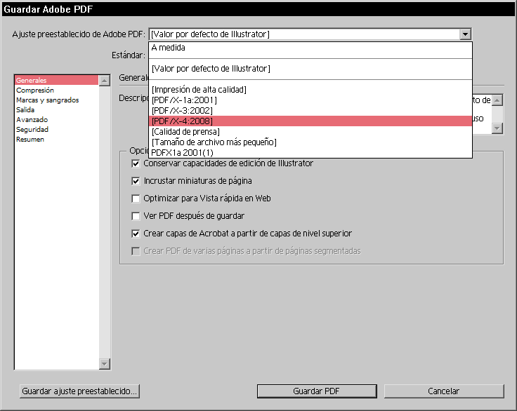 El cuadro de diálogo de guardar como de Illustrator CS3.