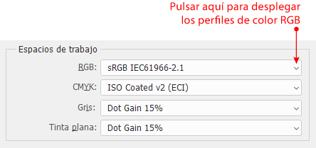 Dónde se eligen los perfiles de color para los espacios de trabajo.