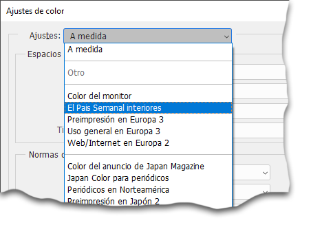 Ajustes prestablecidos de la administración de color en Photoshop.