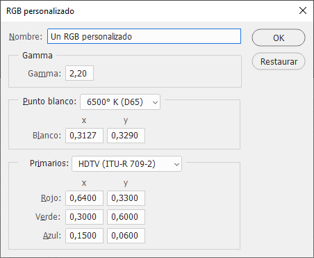 la opción RGB personalizado en la administración de color de Photoshop.