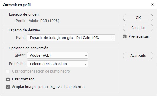 Convertir en perfil básico en Photoshop.