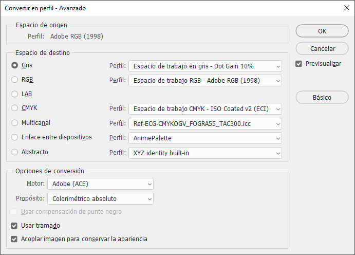 Convertir en perfil en Photoshop avanzado.