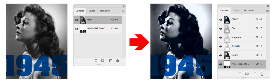 Conversión en Photoshop de una imagen con un canal de tinta directa.