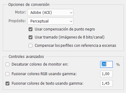 Las opciones de conversión en la gestión de color de Adobe Photoshop.