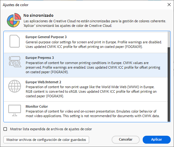 Sincronización de la administración de color entre los programas de Adobe.
