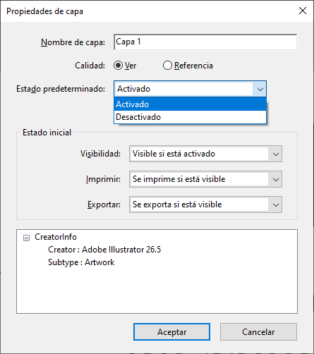 Propiedades de capas en Adobe Acrobat.