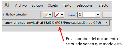 Al lado del nombre del documento en Illustrator, se puede ver en qué modo de color está.