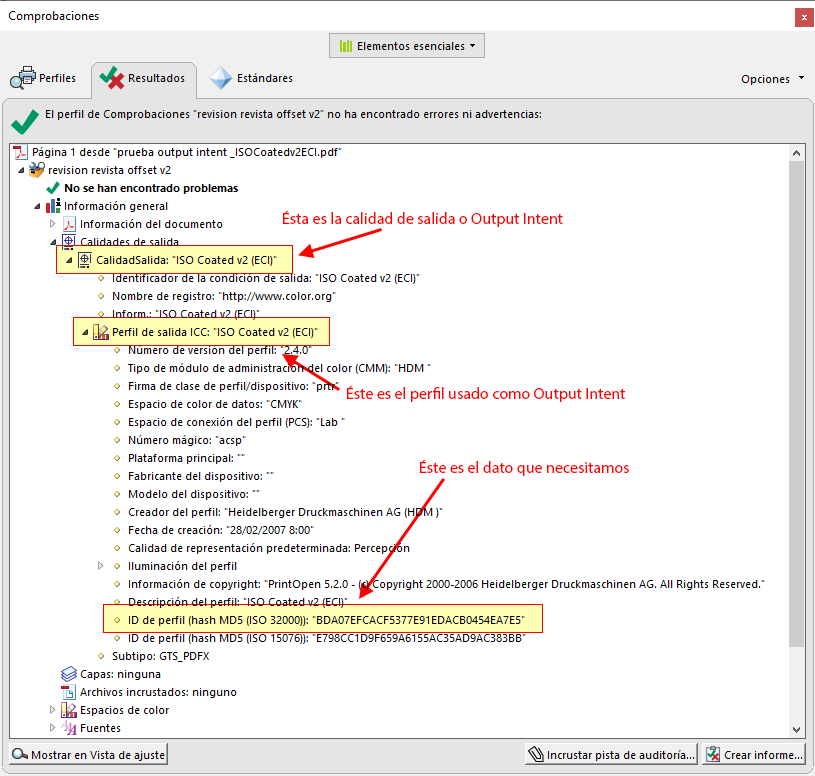 Cómo ver el número MD5 hash que identifica el output intent del PDF/X.