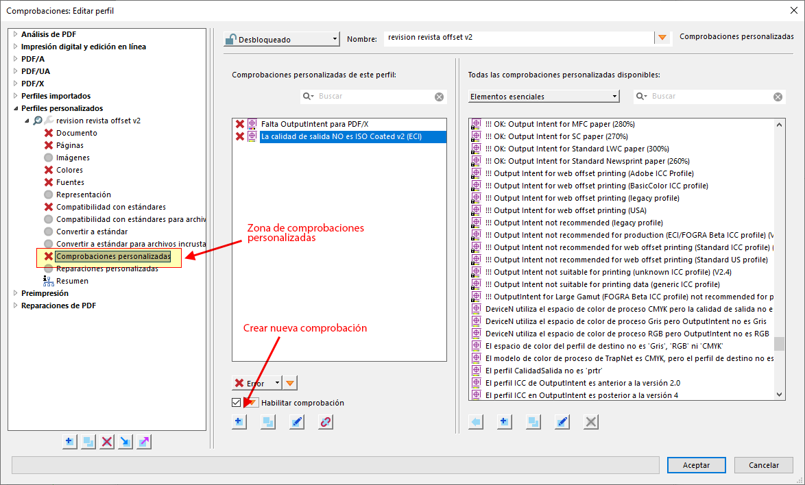 La zona de comprobaciones personalizadas de Acrobat DC.