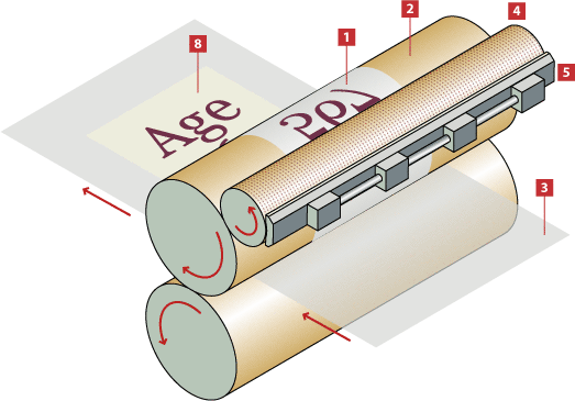 Esquema de una prensa rotativa de flexografía.
