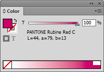 La paleta color de Adobe InDesign CC con una muestra de tinta directa Pantone definida con valores Lab.