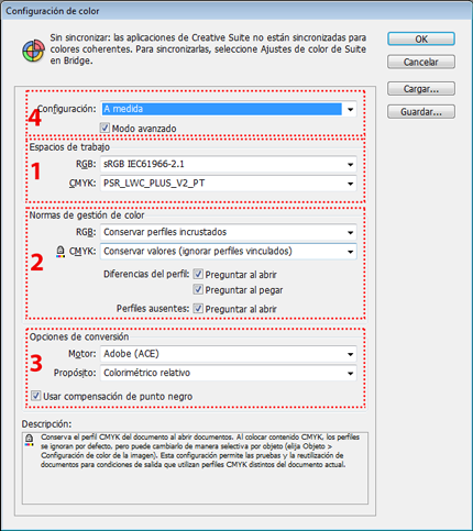 El menú de Configuración de color de Adobe InDesign CC se divide en cuatro zonas.