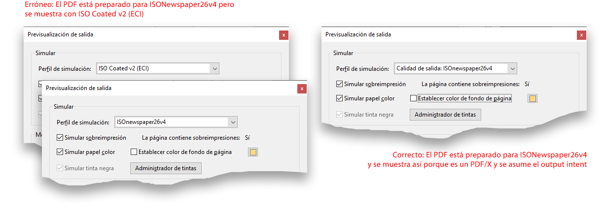 Hay que tener cuidado con el perfil activado en Acrobat Pro al previsualizar la salida.