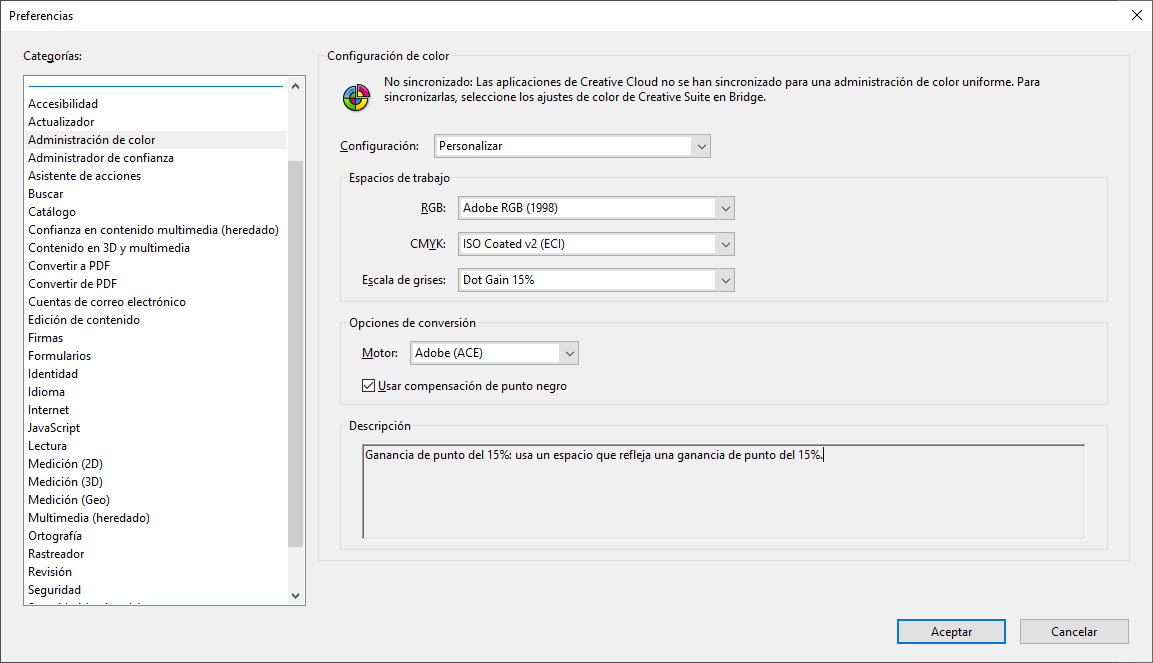 Las preferencias de administración del color de Acrobat Pro.