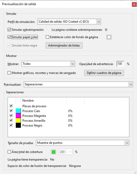 La ventana de previsualización de salida de Acrobat Pro.