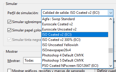 La elección del perfil de color de simulación de salida en Acrobat Pro.