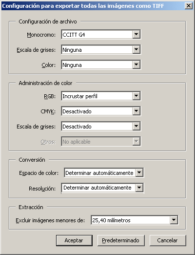 El cuadro de preferencias de exportación de imagenes en Acrobat Pro.