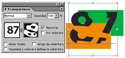 La máscara de opacidad aplicada y la paleta de Transparencia con sus miniaturas.