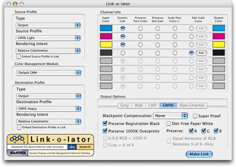 El cuadro de diálogo de Link-o-lator para crear perfiles devicelink.