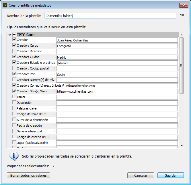 Crear plantilla de metadatos con Adobe Bridge.