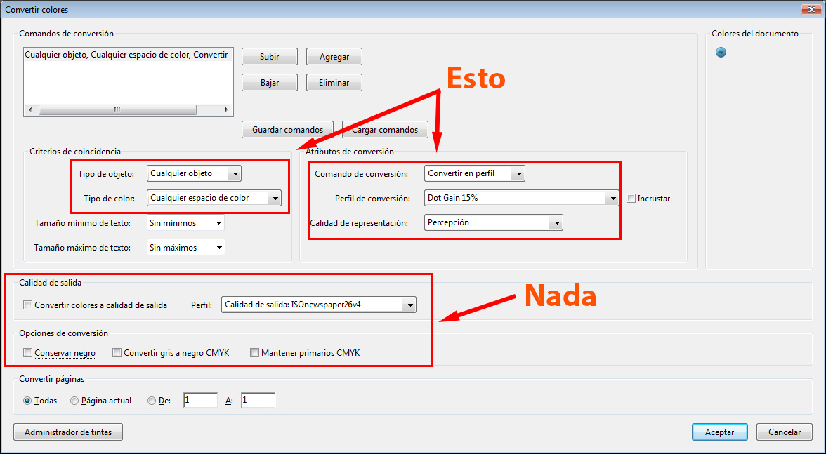 Opciones de conversión de colores en Acrobat XI.