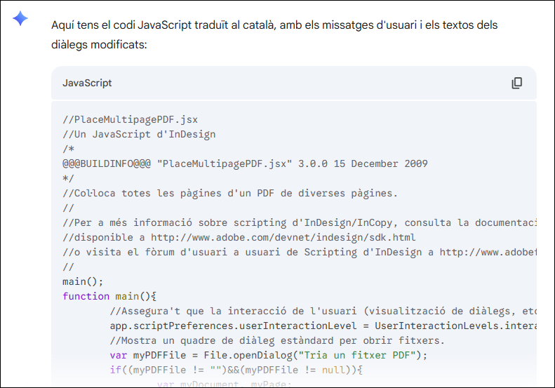 Cuadro de diálogo de la traducción al catalán de un script de InDesign.